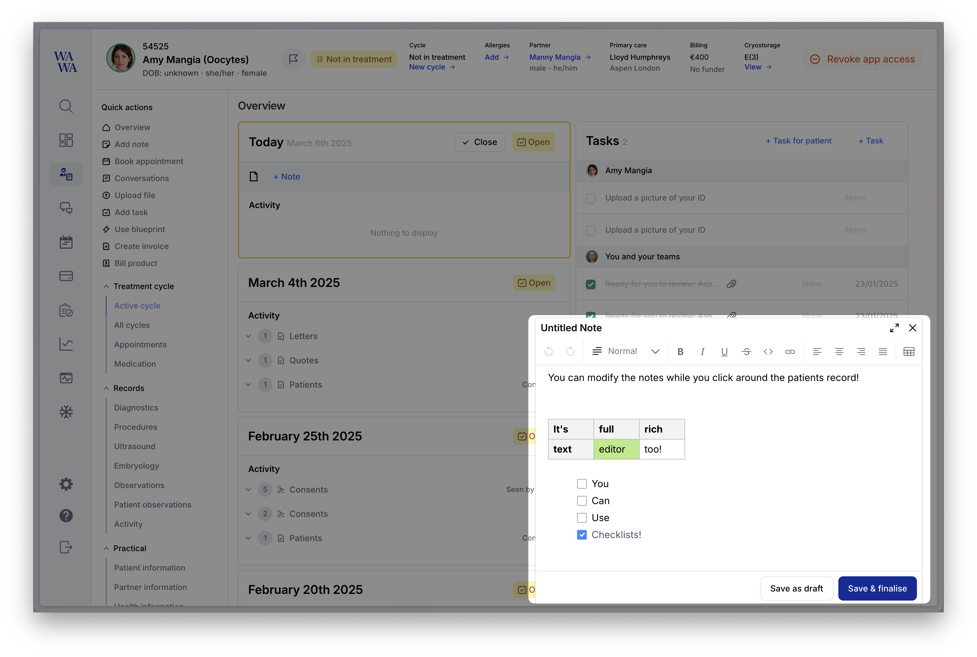 In-line notes editor